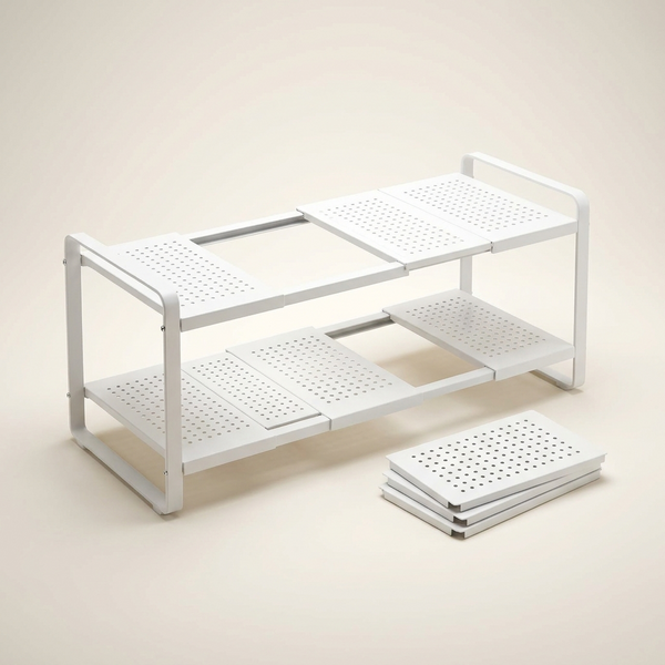 Estante extensible de dos alturas UnderSink Flex en blanco para el mueble bajo el fregadero