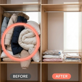 Comparativa de un altillo desbordado de abrigos frente al mismo espacio con bolsas de vacío VacuFlex planas
