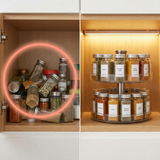 Comparativa entre un armario de especias caótico y el carrusel ordenado SpinRack 360