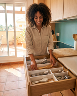 Mujer organizando un cajón de cocina con los separadores ajustables DrawerFit