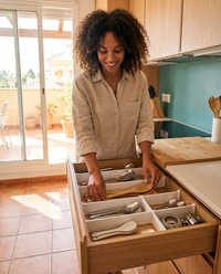 Mujer organizando un cajón de cocina con los separadores ajustables DrawerFit