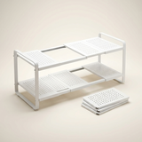 Estante extensible de dos alturas UnderSink Flex en blanco para el mueble bajo el fregadero