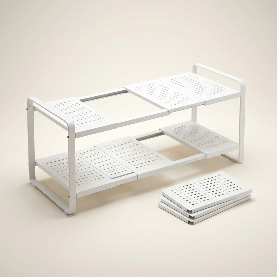 Estante extensible de dos alturas UnderSink Flex en blanco para el mueble bajo el fregadero