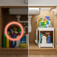 Comparativa del hueco bajo el fregadero caótico frente al mismo espacio ordenado con UnderSink Flex