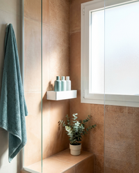Rincón de ducha con el estante adhesivo ShowerGrip Corner sujetando los botes de baño
