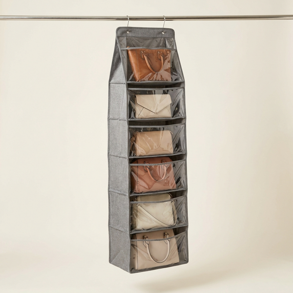 Organizador colgante BagTower de 6 niveles con bolsos guardados en compartimentos transparentes