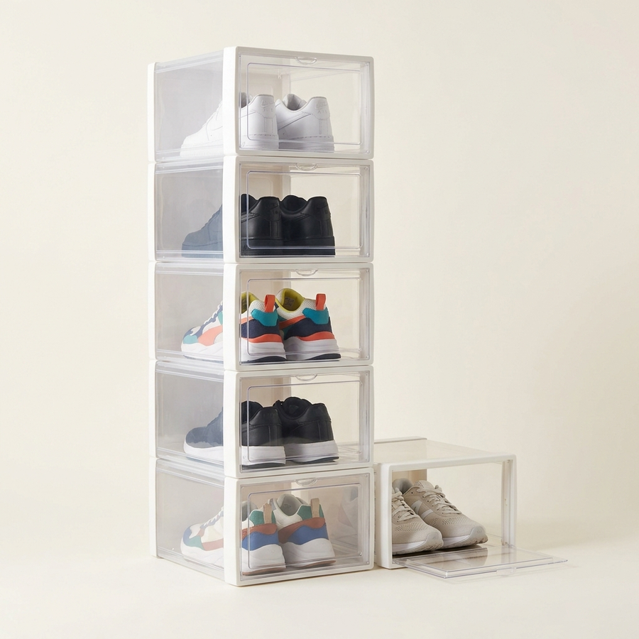 Pack de 6 cajas transparentes apilables ClearBox Fold con puerta magnética y zapatillas dentro