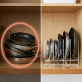 Comparativa entre una pila de sartenes rayándose y las sartenes ordenadas en vertical con LidStand