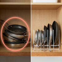 Comparativa entre una pila de sartenes rayándose y las sartenes ordenadas en vertical con LidStand