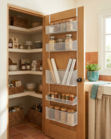 Puerta de despensa abierta con las cestas DoorRack Slim llenas de botes y film de cocina