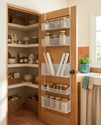 Puerta de despensa abierta con las cestas DoorRack Slim llenas de botes y film de cocina