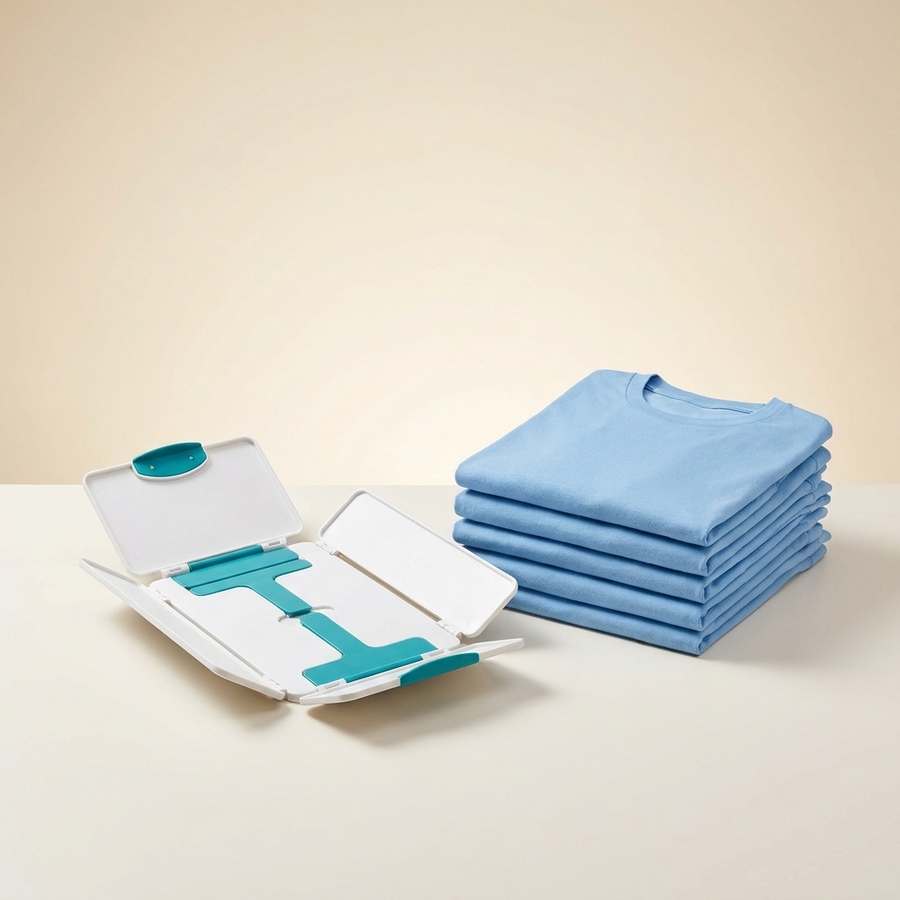 Tabla para doblar ropa RollFold Pro en blanco y verde azulado junto a una pila de camisetas dobladas idénticas